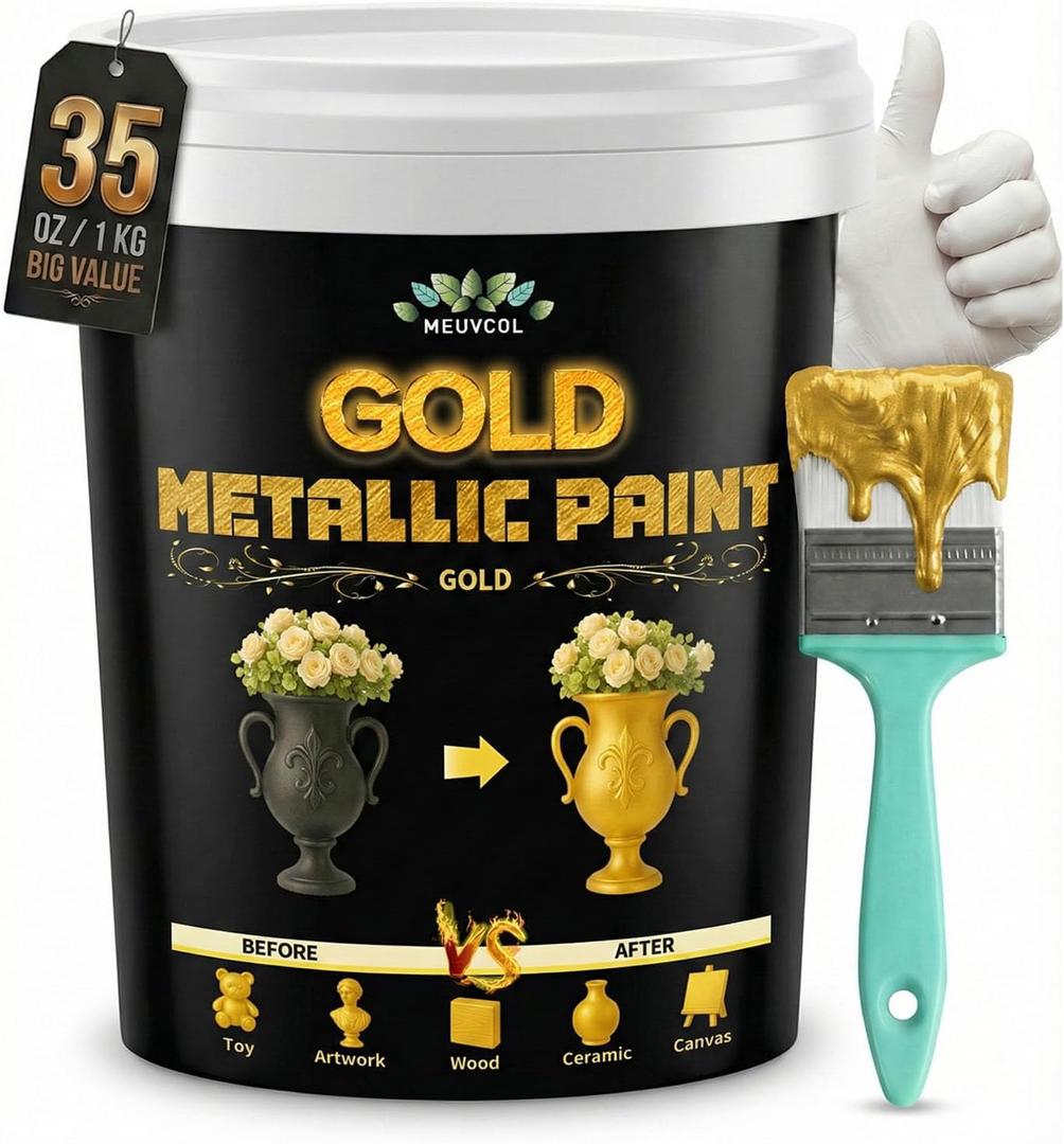 Meuvcol Gold Paint, 35 Floz Metallic Liquid Gold Leaf Paint - Non Toxic Shiny Acrylic Coating for Metal, Wood, Furniture, Clay, DIY Crafts, Artwork & Home Dcor