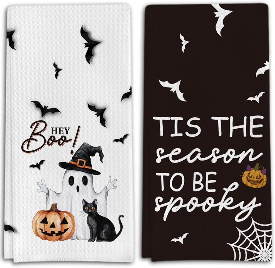Ghost Pumpkins Bats Cat Hey Boo Halloween Waffle Weave Kitchen Towels, 16x24 Inches