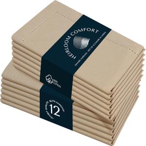 Beige Cloth Napkins 18"x18" - Set of 12 - Soft, Durable, Absorbent, Reusable, Washable - Hemstitch Mitered Edges - Perfect for Everyday Dining, Fall, Weddings, Baby Showers, Dinner