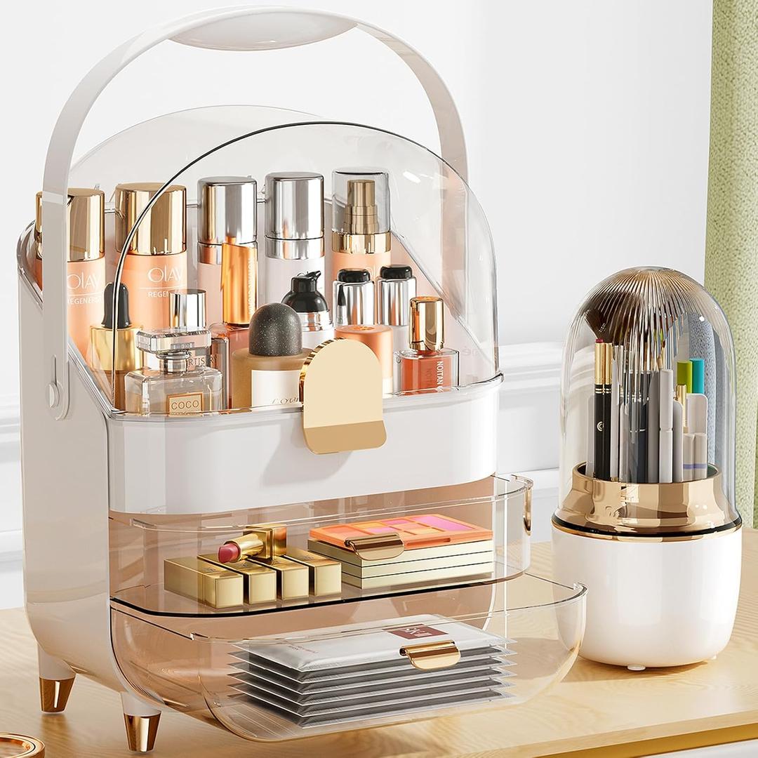 Makeup Organizer, Skincare Holder Bathroom Counter Organizer, Storage Box Cosmetic Display Cases, Teen Girl Gifts Trendy Stuff Make up Organizers for Vanity, Dresser, Countertop (Rose Gold) (Pearl white)