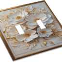 Decorative Art Light Switch Covers Elegant Gold White Floral 2 Gang Double Toggle Outlet Wall Plate Switchplate Electrical Faceplate for Home,BathRoom & Living Room Decor