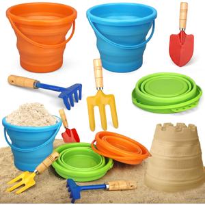 Dilabnba 3PCS Foldable Buckets with 3PCS Metal Shovels, Beach Toys Gardening Tool for Kids Adults, Collapsible Beach Bucket Sand Pail, Water Bucket for Beach Fun Summer Vacation, Easter Buckets