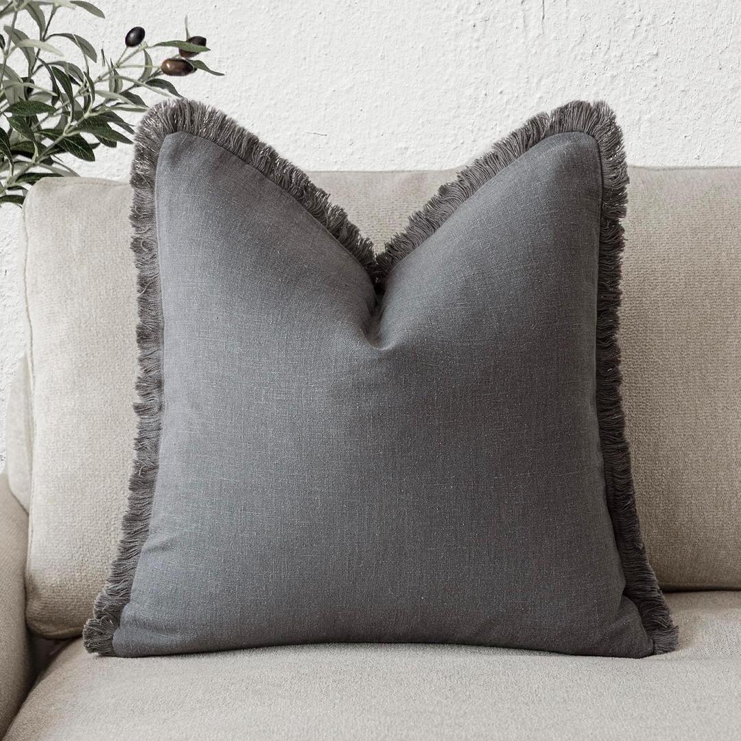 Foindtower Decorative Linen Fringe Throw Pillow Covers Cozy Boho Farmhouse Cushion Cover with Tassels Soft Accent Pillowcase for Chair Sofa Bed Living Room Home Decor, 20×20 Inch, 1PC, Gray