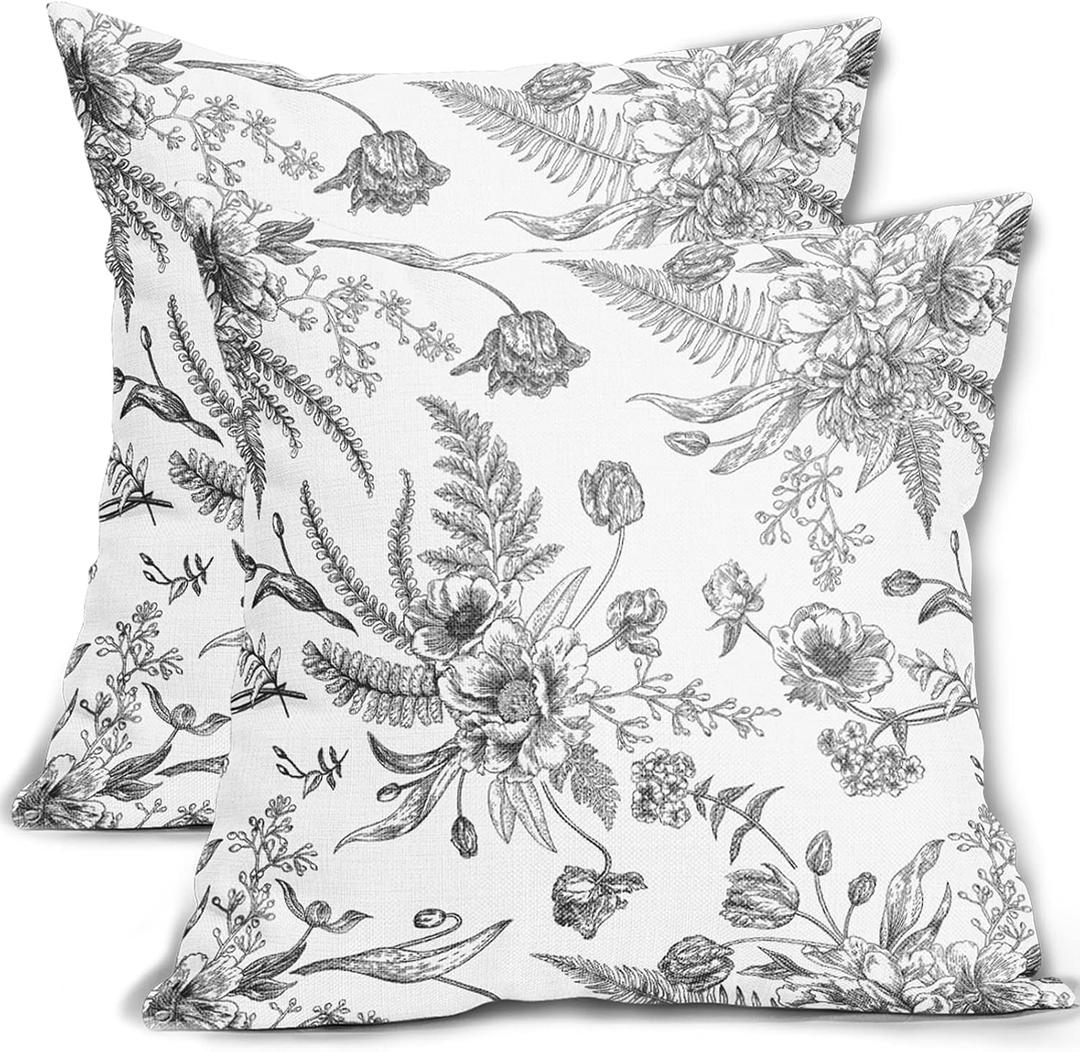 Black and White Flowers Pillow Covers 2 Packs 18x18 Inch Black Linen Floral Throw Pillowcase Decorative Vintage Spring Summer Floral Cushion Cover for Patio Sofa Bedroom Indoor Outdoor Party
