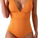 Eomenie Women's One Piece Swimsuit Tummy Control Bathing Suit V Neck Slimming 1 Piece Swimwear (Orange, M)