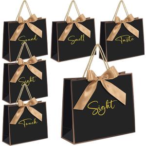 Sweetude 5 Pcs Senses Gift Bags for Him and Her 11.8 x 9.8x 3.9'' Elegant Thank You Paper Gift Bags with Handles and Bow Ribbon for Wedding Bridesmaid Groomsmen Gifts Birthday Baby Shower(Black)