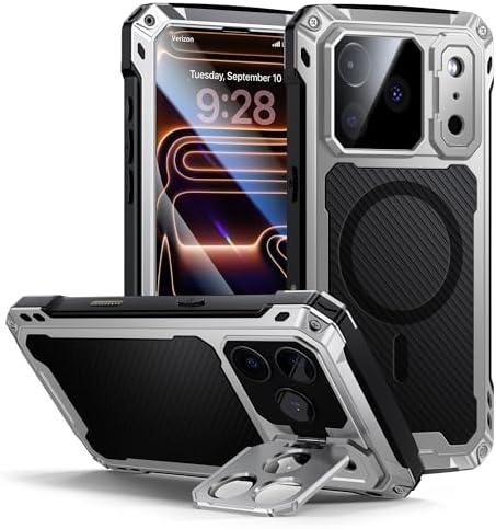Lanhiem for iPhone 17 Pro Max Metal Case with Kickstand, Compatible with MagSafe, Built in Tempered Glass Screen Protector, Heavy Duty Shockproof Rugged Full Body Tough Phone Cover 6.9" (Silver)