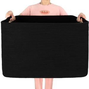 MINTWOOD Design 112L Extra Large Blanket Basket Holder Living Room, 25"x17"x16" Rectangle Rope Woven Storage Basket with Handles for Laundry, Pool Towels, Shoes, Dog Toy Organizer Bin Box, Black