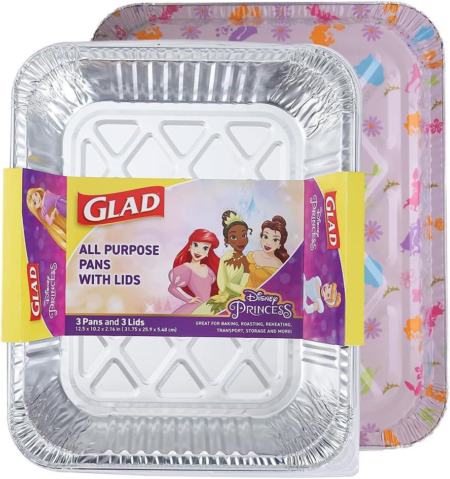 Glad Disposable Aluminum All Purpose Pans in Disney Princess Pattern, 3ct with Lids | Disney Party Platter Foil Steam Pans | 12.5 x 10.2 x 2.16 Aluminum Pan | Disposable Steamware