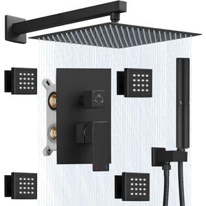 Hoimpro 12 Inch Rainfall Shower Faucet with 4 Full Body Shower Jet Fixtures Combo, Shower System Set with Rain Mixer Shower Head and Brass 2 in 1 Spray Handheld Showerhead, Wall Mounted, Matte Black