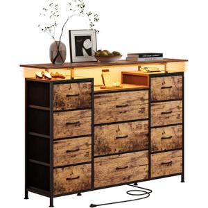 LUMTOK 11 Drawers Dresser with Fabric Drawers,Charging Station, LED Lights and Shelves for Bedroom Storage Organization (Brown)