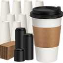 RACETOP Disposabe Coffee Cups with Lids and Sleeves 16 oz 50 Pack, Hot Paper Coffee Cups with Lids, To Go Cup with Lid, Ideal for To Go Coffee, Travel, Office, Home (White)
