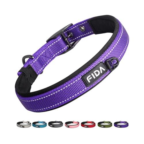 Fida Heavy Duty Dog Collar, Ultra Comfortable Soft Neoprene Padded, Adjustable Reflective Nylon Pet Collar with Durable Metal Belt Buckle for Medium Breeds (M, Purple)