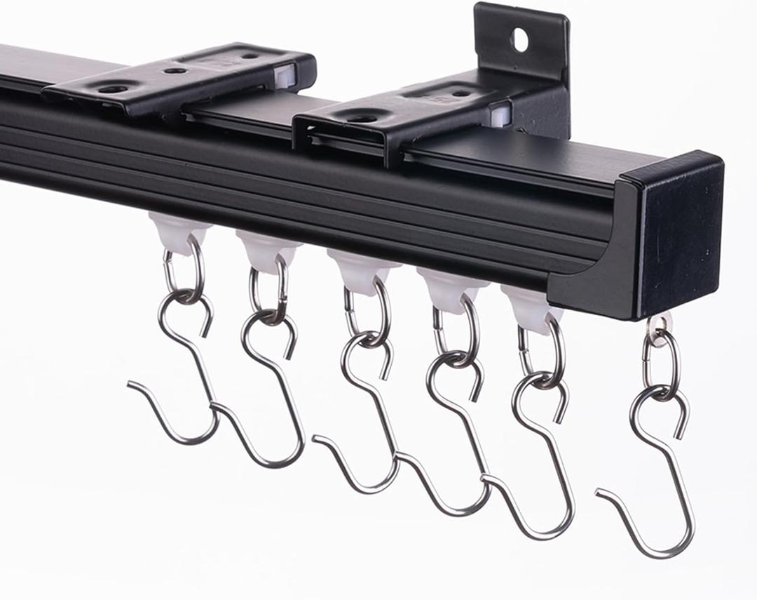 Ceiling Curtain Track, 12ft to 18ft Adjustable Curtain Track Ceiling/Wall Mount, Heavy Duty Aluminum Curtain Track with Roller Hooks - Curtain Rail System for Grommet/Pleated Drape, Black