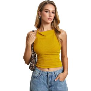 SweatyRocks Women's Ruched Halter Tops Backless Cow Neck Sleeveless Slim Fit Summer Top (Yellow, S)