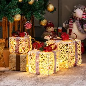 Set of 3 Christmas Lighted Gift Boxes, Indoor Present Box Holiday Decoration