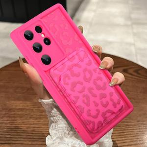 MOWIME Compatible with Samsung Galaxy S24 Ultra Case with Card Holder, Cheetah Print Shockproof Soft TPU Protective Case Women Girls, Anti Scratch Wallet Case for Galaxy S24 Ultra 6.8 Inch, Hot Pink