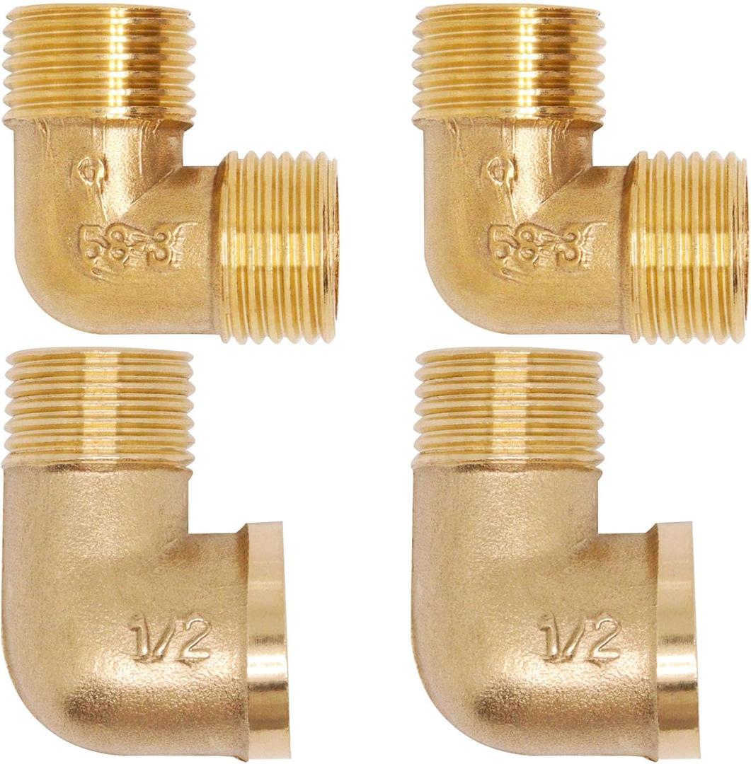 4pcs Brass Pipe Fitting 90 Degree Elbow 1/2" NPT (Male to Male) and (Male to Female) Pipe Fittings Kits
