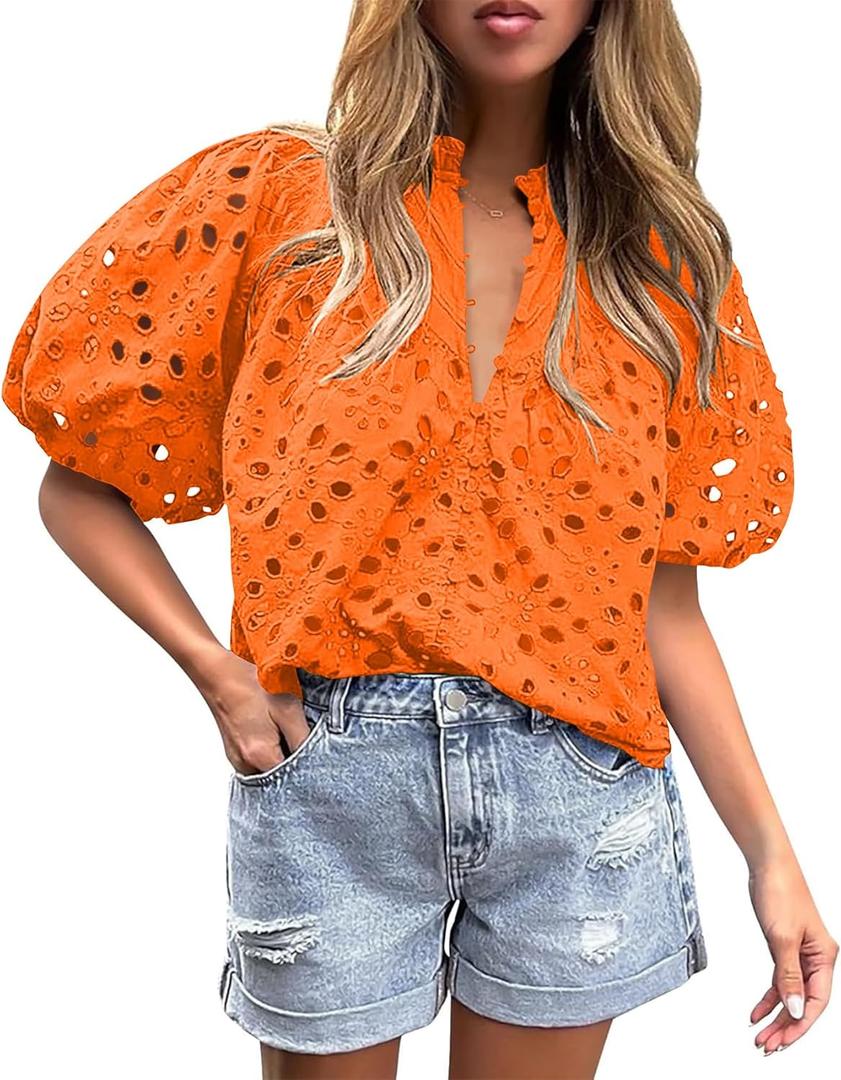 BETTE BOUTIK Women's Long Short Sleeve Tops 2025 Dressy Casual Button Hollow Out Lace Embroidered Blouses Shirts (Orange, M)