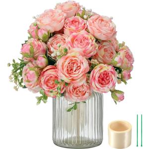 ZINHO 4 Packs Artificial Peony Flowers, 20 Heads & 16 Buds, Realistic Fake Silk Flowers for Home Decor, Wedding Bouquets DIY Crafts Includes 2 Ties & 1.8m Ribbon (Pink)