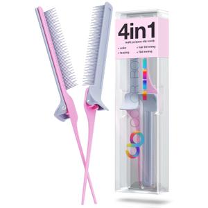 COLORBOW ColorBow Rat Tail Teasing Clip Comb (2 Pack) Hair Straightener Comb - Flat Iron Comb - Straightening Comb - Hair Coloring Pink / Gray