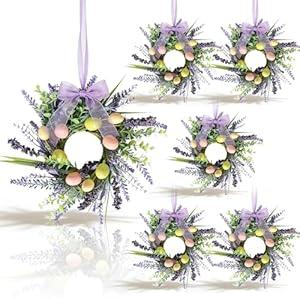 6 Pcs Small Purple Daisy Flower Hanging Wreaths for Cabinets with White Floral Eucalyptus Leaves Lavender Artificial Grains Mini Candle Rings Wreath for Home Front Door Farmhouse Coastal Purple Porch