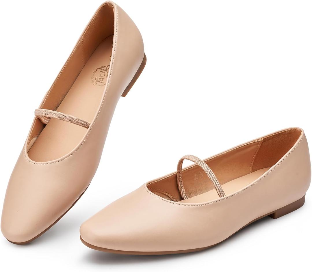 Trary Mary Jane Ballet Flats for Women - Comfortable Closed Toe Shoes With Strap (7, Nude)
