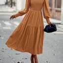 PRETTYGARDEN Women 2026 Spring Puff Long Sleeve Crewneck Smocked Maxi Dress Empire Waist Tiered A-line Swing Flowy Long Dress (XL)
