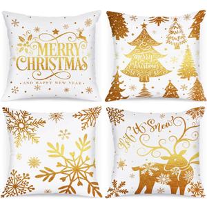 Lanpn White and Gold 18x18 Christmas Pillow Covers Set of 4, Decorative 18 Inch Navy Winter Snowflake Throw Pillow Case Xmas Cushion Cover for Indoor House Sofa Gold
