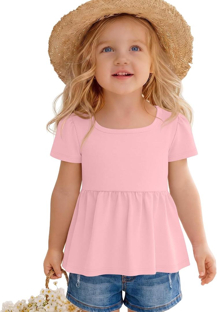 Toddler Girls Peplum Flowy Shirts | Baby Top, Kid, Short Sleeve, Square Neck, Babydoll, Tunic, Ruffle Hem, 18M-5T, Summer, Casual, Preschool, Kindergarten, Play