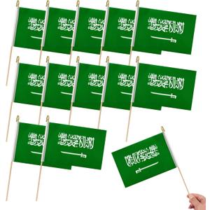 4 Pcs Small Saudi Arabia Flags on Wooden Stick Mini Saudi Arabian Flag Hand Held Flag Decorations, 5x8 Inch
