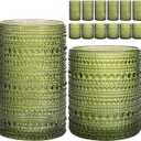 Moretoes Hobnail Glasses - Set of 12 - 15 oz Highball Glasses and 12 oz Cocktail Glasses - Green Embossed Boho Glass Tumblers for Kitchen Bar - Glassware Set for Whiskey, Beer, Juice, Milk