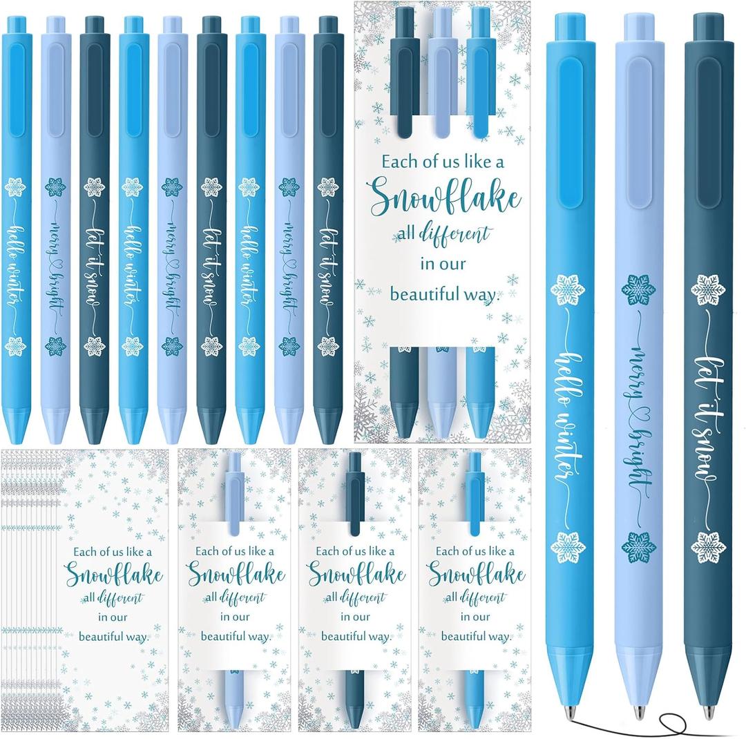 Cholemy 48 Pcs Winter Snowflake Ballpoint Pens Bulk Gifts with Snowflake Inspirational Quote Cards Motivational Snow Black Ink Pen for Coworkers Students Nurses Employees