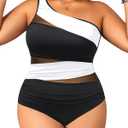 Aqua Eve Plus Size One Piece Swimsuit for Women Tummy Control Bathing Suits One Shoulder Swimwear (18 Plus, Black and White)