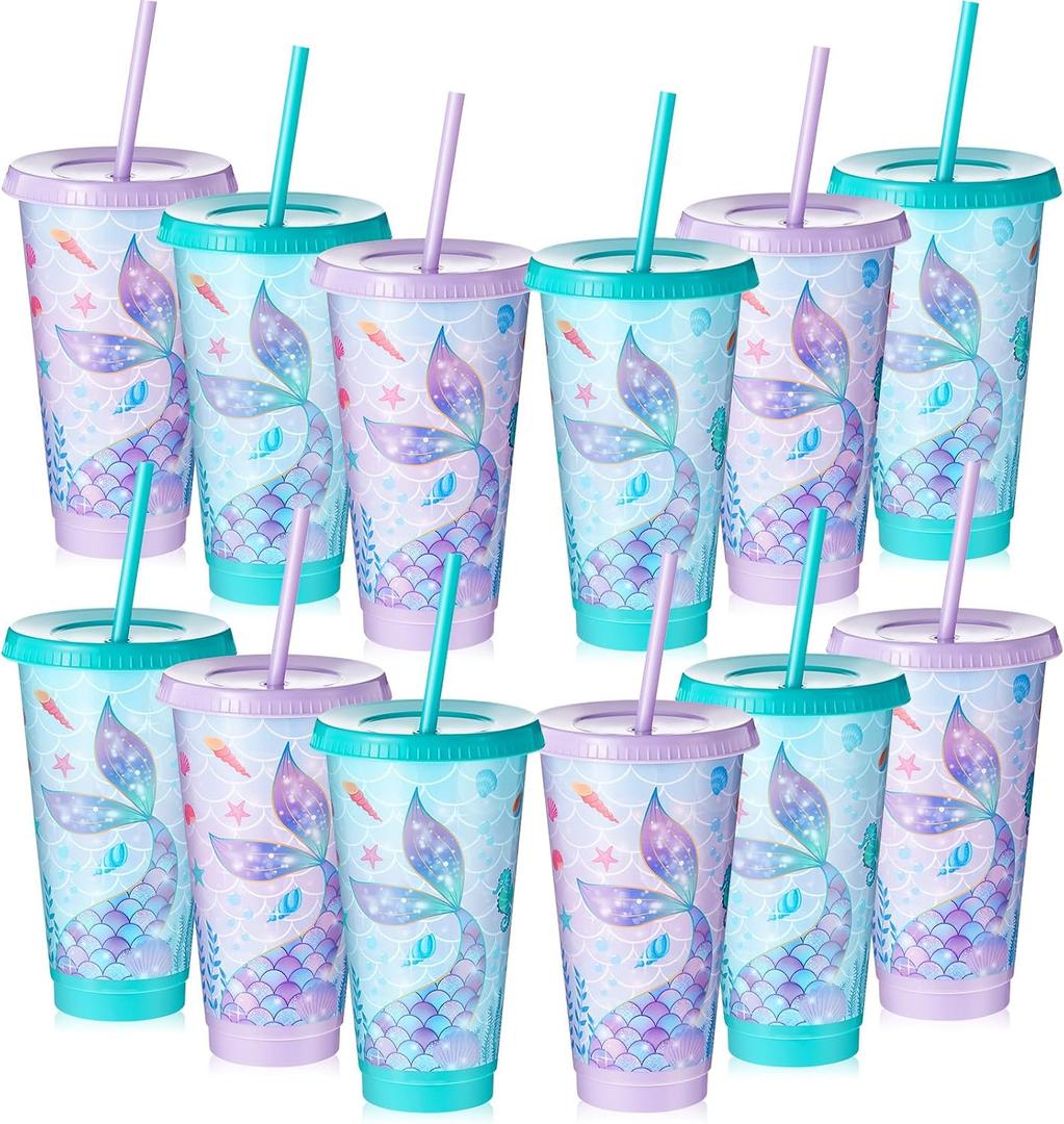 Uiifan 12 Pcs Mermaid Party Cups with Lid and Straw 24oz Mermaid Birthday Decorations Tail Shell Starfish Reusable Cup for Birthday Baby Shower Ocean Party Supplies