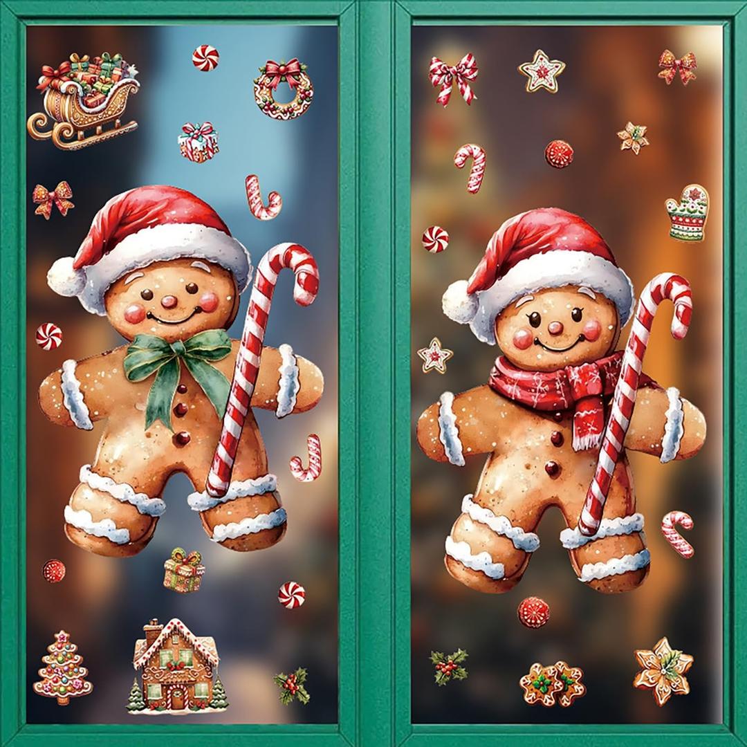 Christmas Window Clings 2 Sheets Gingerbread Man Window Decals Xmas Windows Stickers for Winter Party with Cane Candy Bow Designs for Home Office Windows Glass Mirror Decor