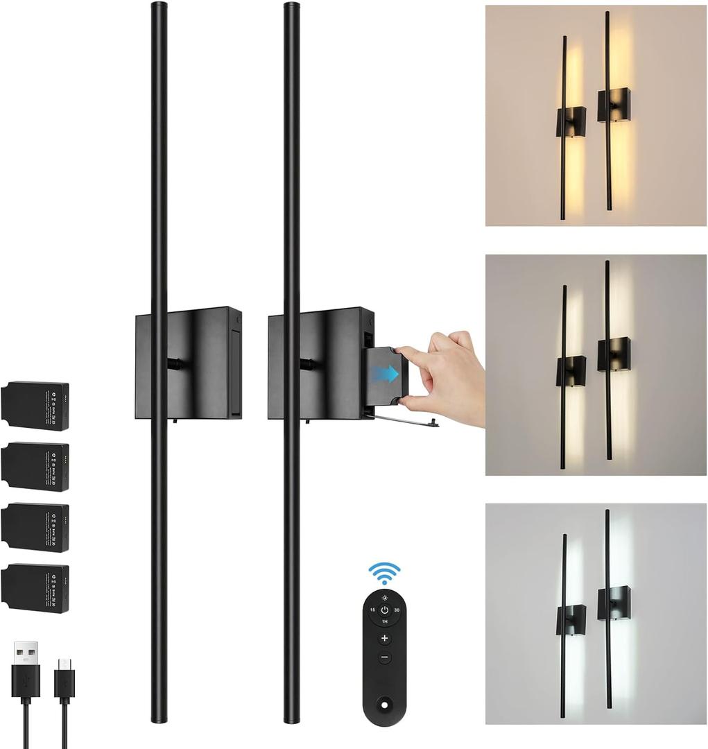 Removable 10000mAh Battery Operated 2 Pack Wall Sconces Lamps Remote Control & 4 Pack Batteries 31.5 Rechargeable Dimmable Black LED Wireless 13.6W Wall Lights for Living Room Bedroom Picture Foyer