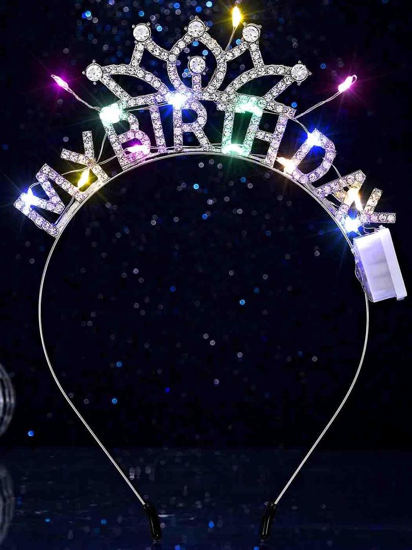 DRESBE Light Up Birthday Headband LED Rhinestone My Birthday Headbands Party Favors Hair Accessories for Women (Free Size, Silver)