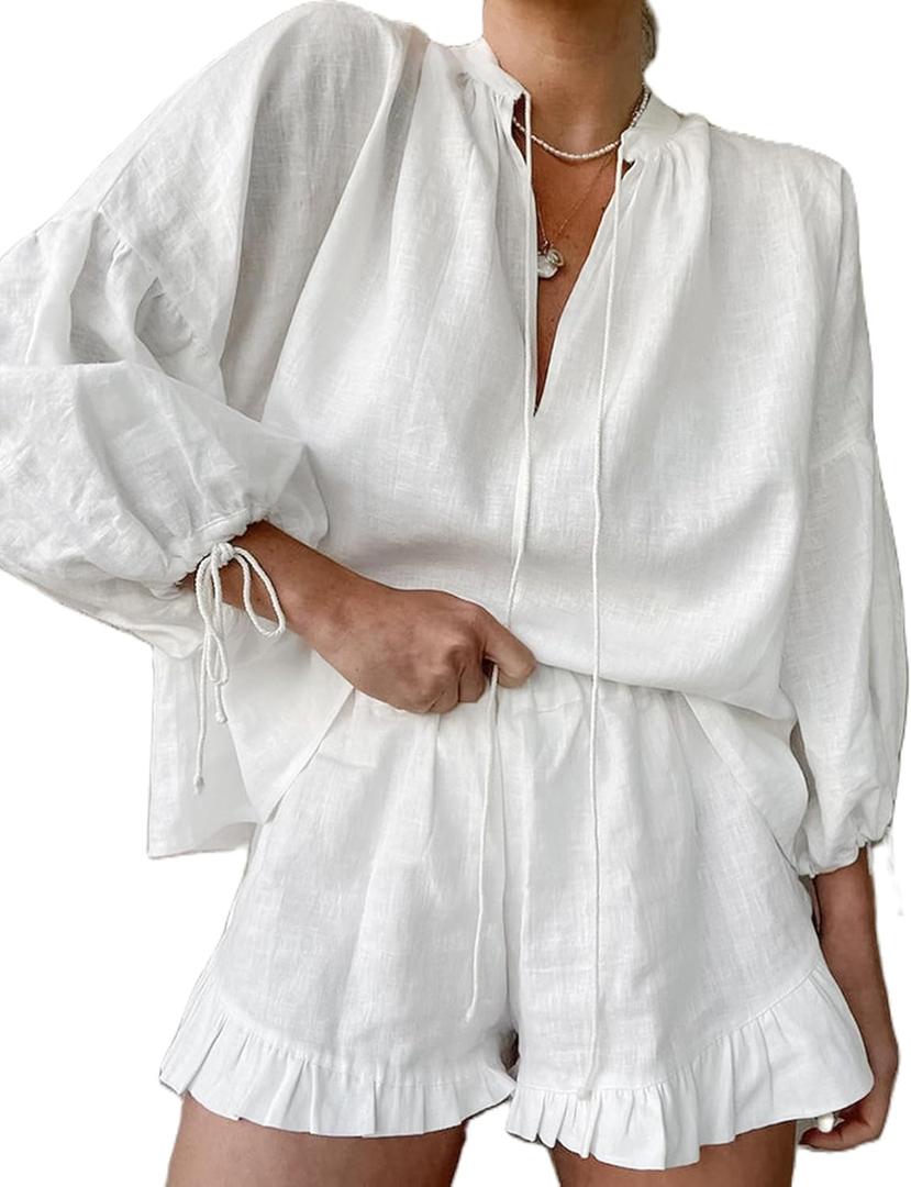 Mxiqqpltky Linen Shorts Sets Women 2 Piece Outfits Long Sleeve Tie Front Tops and Ruffled Boxer Shorts Matching Lounge Sets (Large, White)
