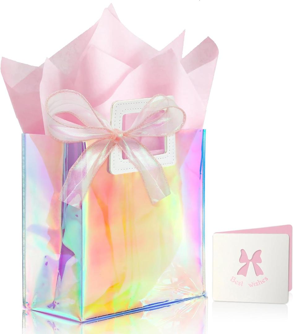 KeerxunBag 1 Pack Holographic Gift Bags with Handles & 2 Tissue Paper Sheets  Iridescent Transparent Reusable Bags for Women, Girls, Birthdays, WeddingsPink Gift Bag