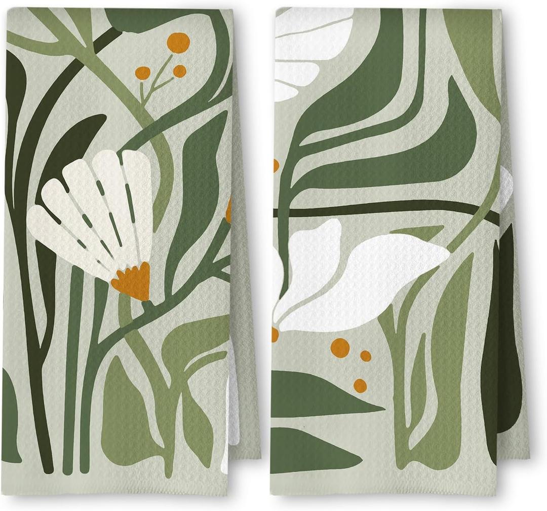 Abstract Boho Sage Green Floral Kitchen Towels Set of 2, 70s Retro Groovy Boho Botanical Dish Tea Towels for Kitchen Decor, Mid Century Modern Hand Towels for Bathroom Decor, 16x24 Inch