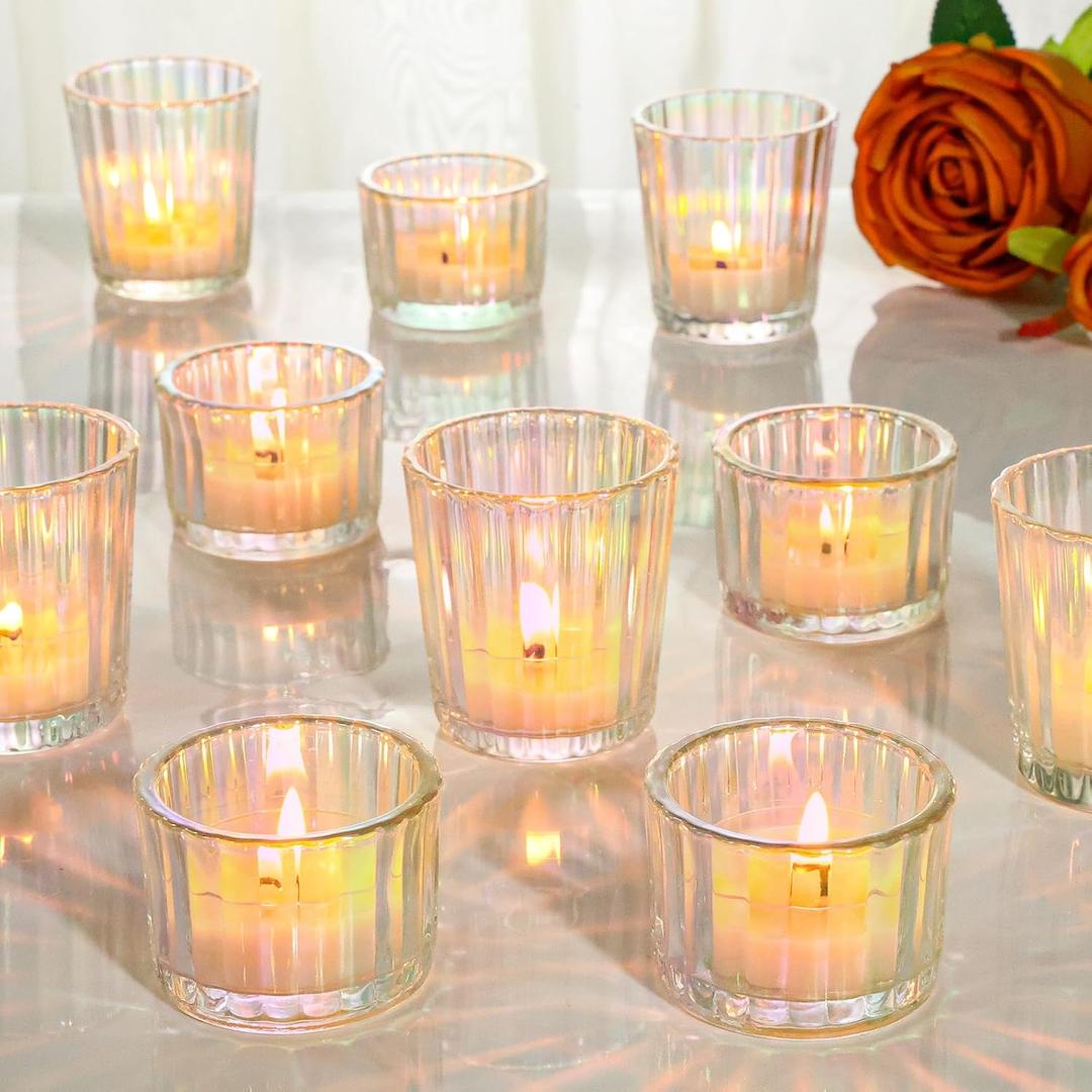 24 Pcs Ribbed Iridescent Votive Candle Holders - Glass TeaLight Candle Holders for Weddings, Baby Showers, Home Dcor, Party Centerpieces, and Table Decorations