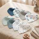Muslin Baby Bibs 8 Pack, Baby Bandana Drool Bib for Drooling and Teething, Cotton Soft Absorbent for Girls Boys BC, Blue Dinosaur