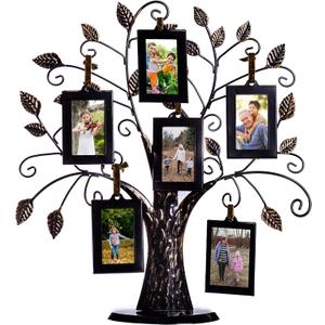 Klikel Family Tree Picture Frame Stand with 6 Hanging Photo Picture Frames - Medium Metal Tree 12 X 11 - Holds 6 Ornamental 2x3 Frames (13")