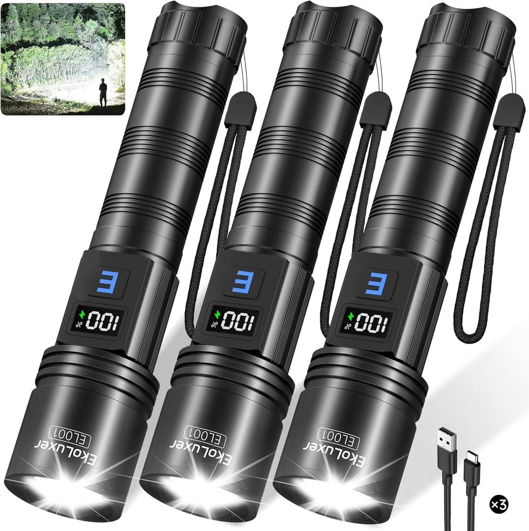 3Pack Rechargeable Flashlights High Lumens, Super Bright Flashlight with LCD Digital Display, 5Modes Adjustable LED Flashlight Tactical Flashlights High Powered, Flash Lights for Emergency
