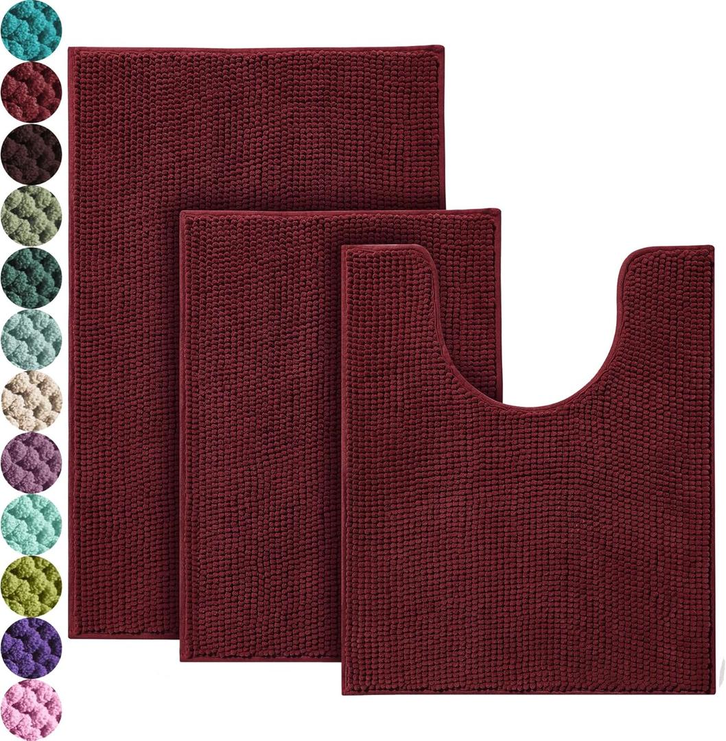Urvoix Bathroom Rugs Set - 3 Pieces Ultra Soft Non-Slip Bath Mats, Chenille Absorbent Bath Rugs for Bathroom, Tub and Shower (Burgundy)