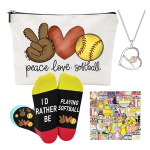 Softball Gifts for Girls – Sports Gift Set with Water Bottle, Canvas Tote Bag, Makeup Bag, Scrunchie, Socks, Necklace & 50 Stickers – Sports Gift for Girls, Birthday Gifts for Softball Lovers