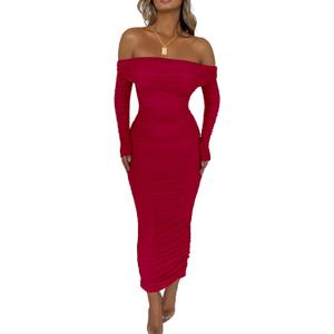 PRETTYGARDEN Women's Fall Off The Shoulder Maxi Dress Spring Long Sleeve Ruched Fitted Bodycon Club Dresses with Slit (Medium, Red)