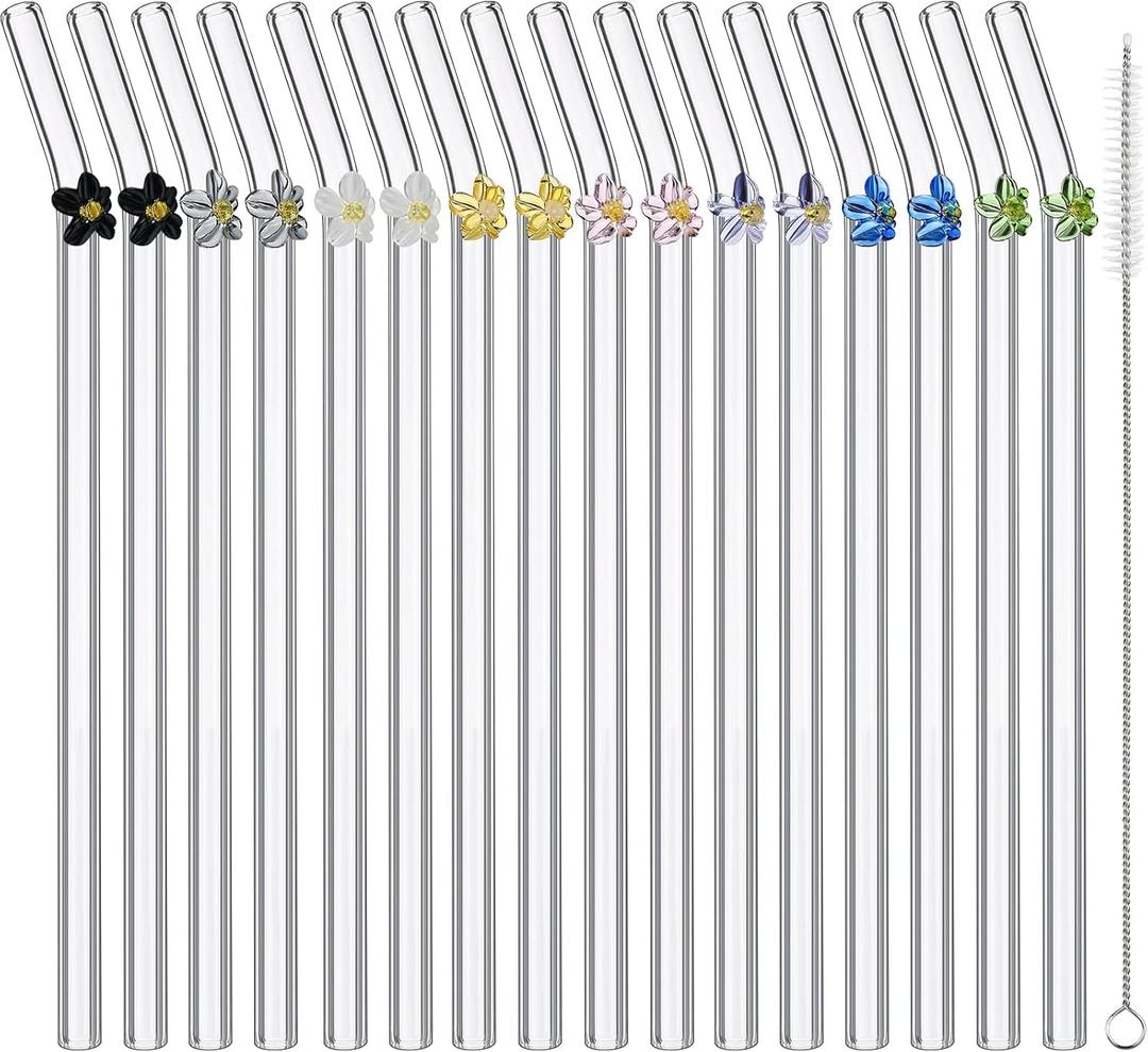 16 Pieces Reusable Glass Straw with Flower Cute Colorful Glass Straws with Design 7.87 x 0.31" Shatter Resistant Bend Straws and Cleaning Brush for Cocktail Hot or Cold Drinks