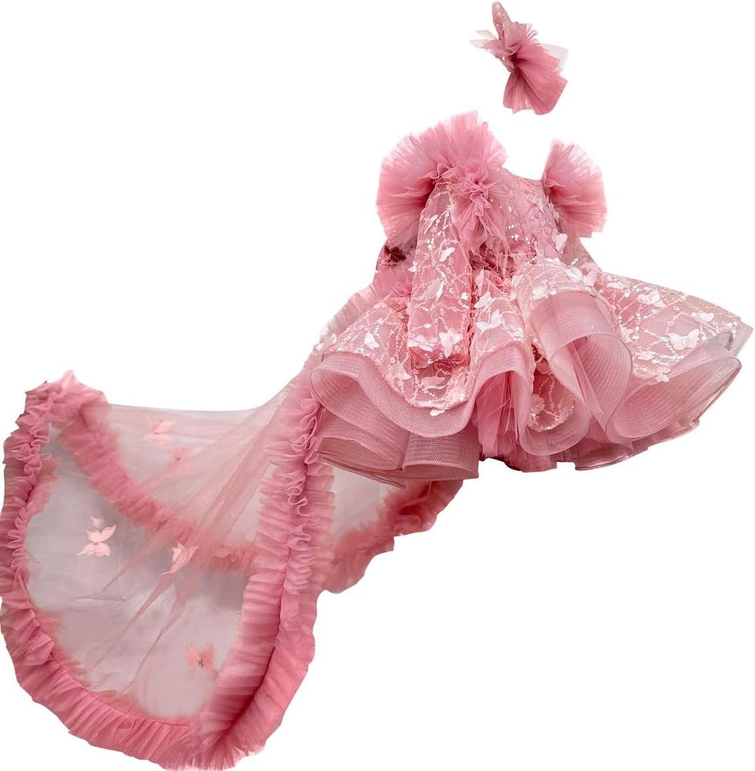 KLFFLGlD Baby Flower Girl Pageant Dresses ButterlyEmbroidered Sequin lace Toddler Formal Wedding PartyPurple Dresses (18-24 Months, Long Sleeved Butterfly Trailing Dress)